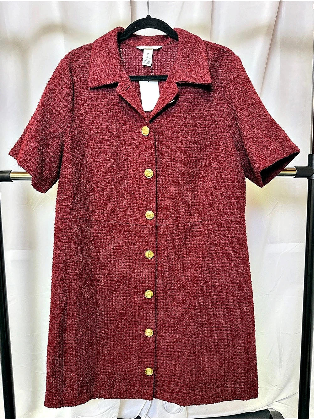 H&M women’s BUTTON-FRONT BOUCLÉ DRESS burgundy Size Large NWT